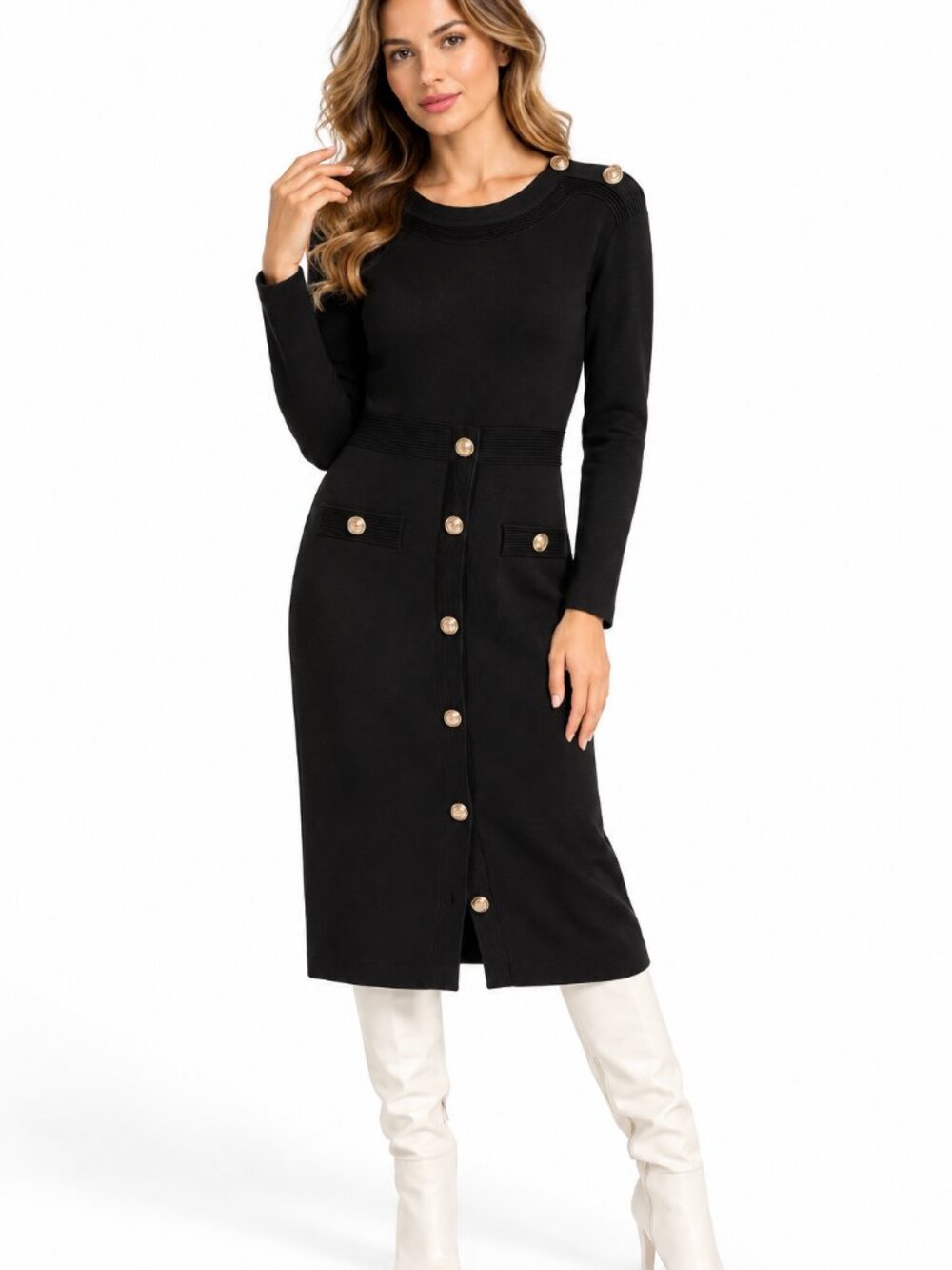 Frank Lyman Black Knit Midi Dress Gold Button Detail Long Sleeve Elegant